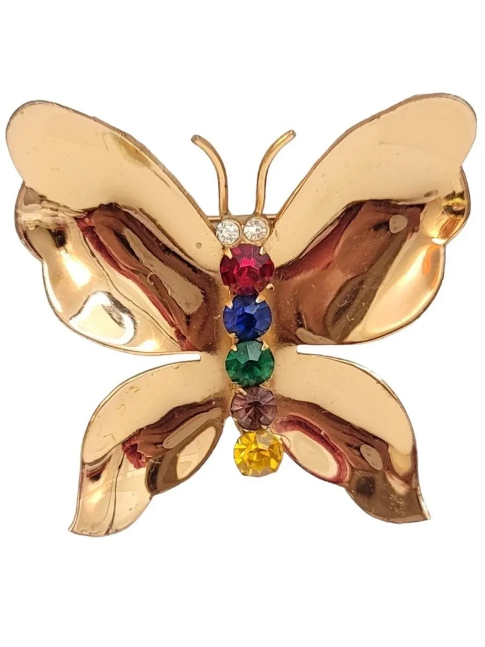 Coro Sterling Gold Tone Multicolor Rhinestone Butterfly Brooch, Signed M691